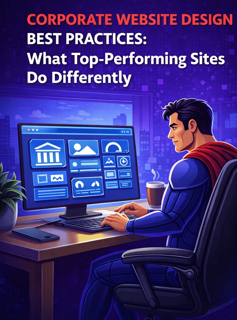 A superhero teaching on a platform on what are the best practices on corporate website design