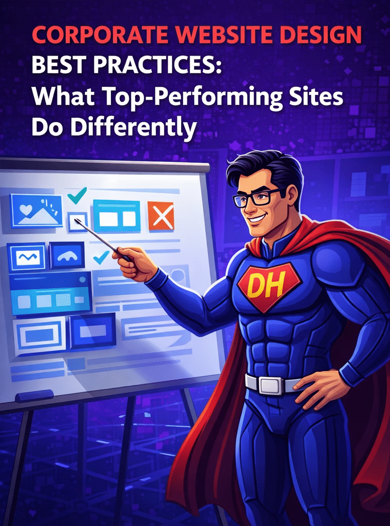 A superhero teaching on a platform on what are the best practices on corporate website design