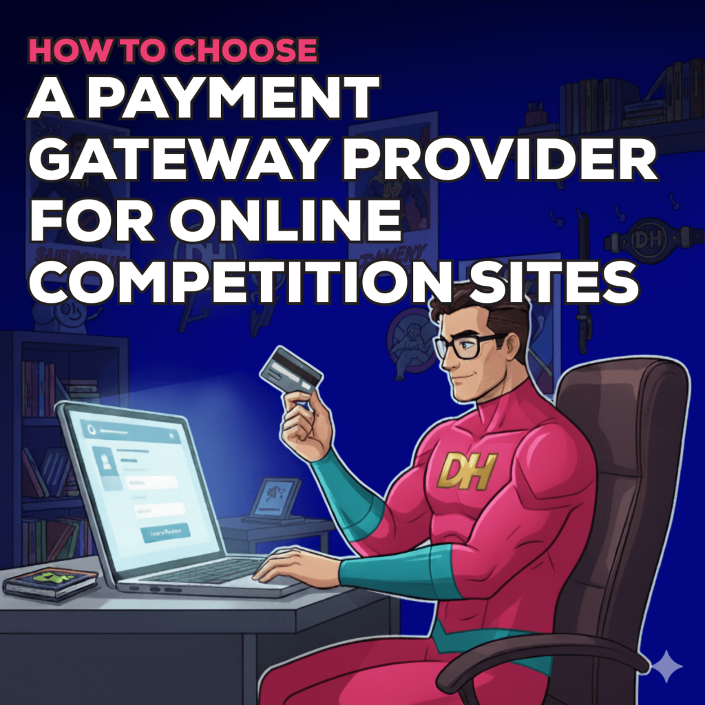 a super hero on his laptop choosing a payment gateway to complete his purchase on a competition site