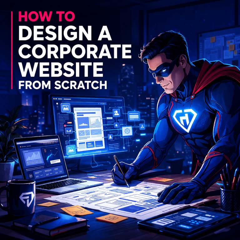 A superhero brainstorming and writing a corporate website design layout