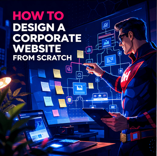 A superhero designing a corporate website from a floating device
