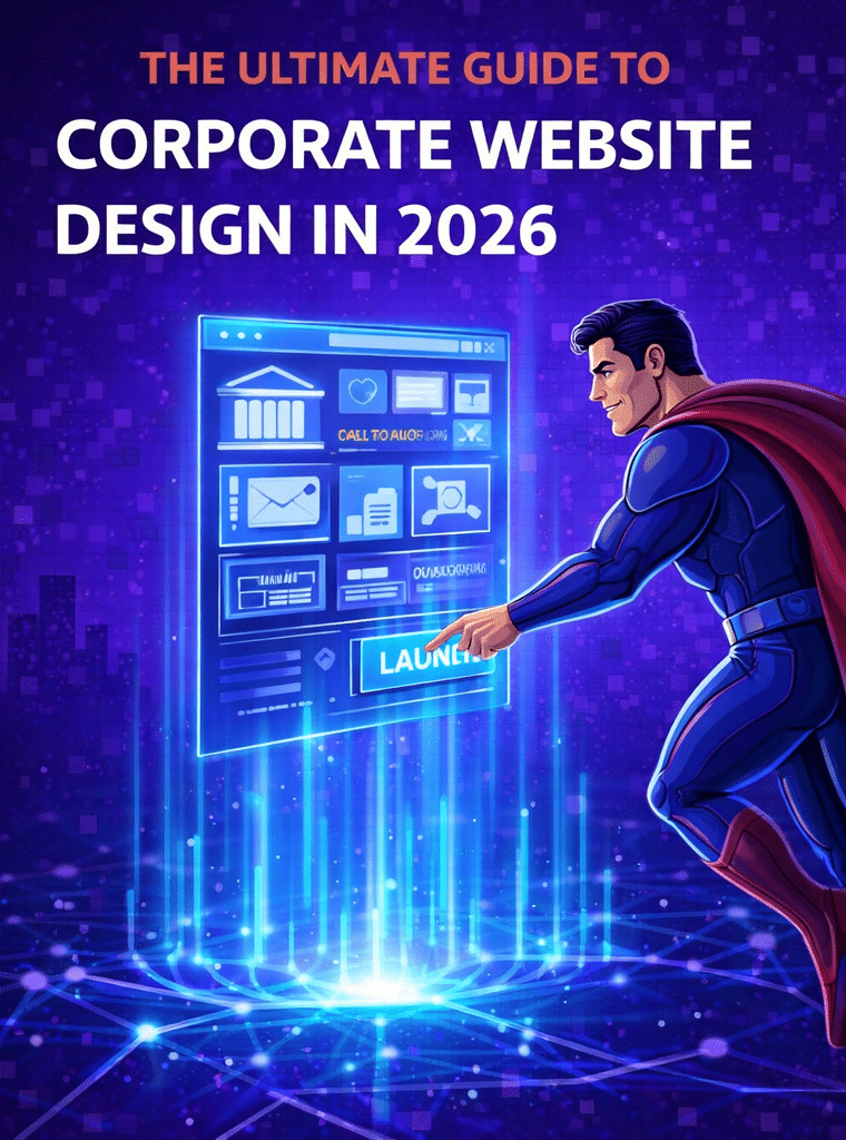 a superhero operating a tab displaying a corporate website