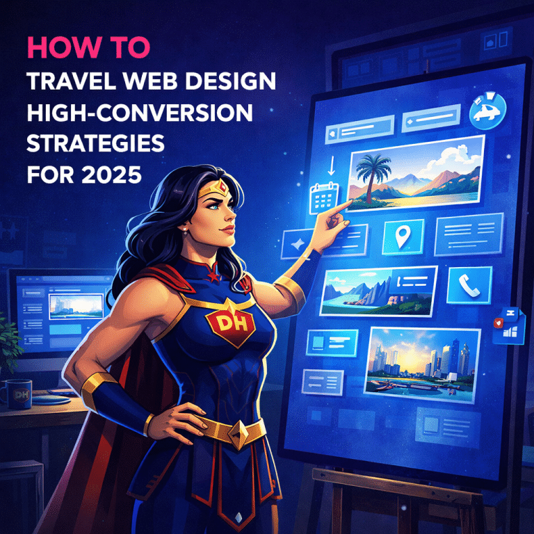 A superhero operating travel web design on a floating platform
