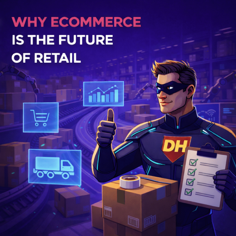 A superhero operating a floating tablet in ecommerce platform