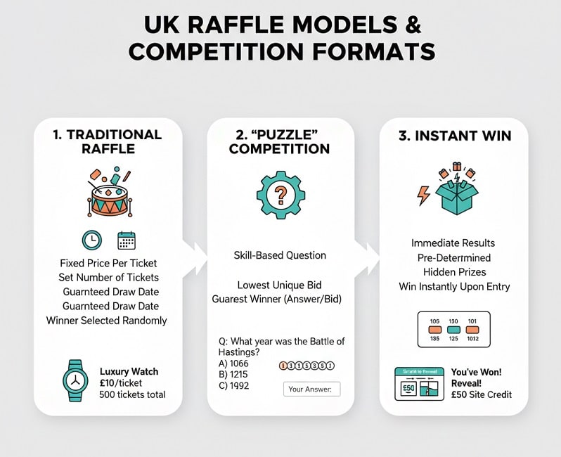 Different UK raffle website models and competition formats explained visually