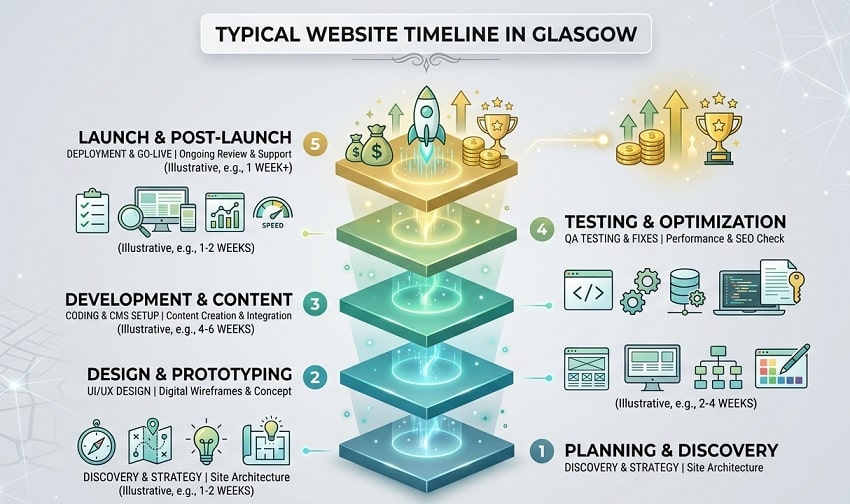 Website timeline showing growth from launch to optimisation and results