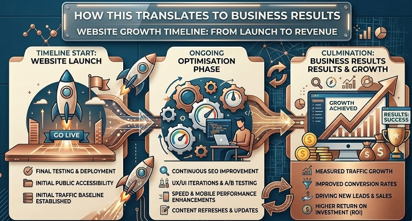 Website development timeline showing phases from planning to launch