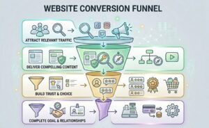 How a WordPress Consultant Improves Conversions (Not Just Design) 2 WordPress website funnel showing user journey from entry to conversion