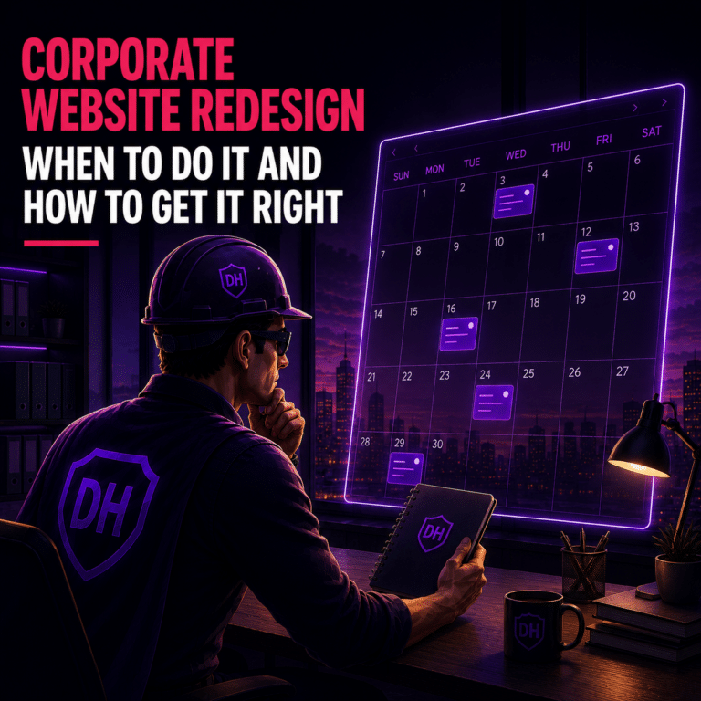 a corporate superhero thinking when he will implement the website redesign