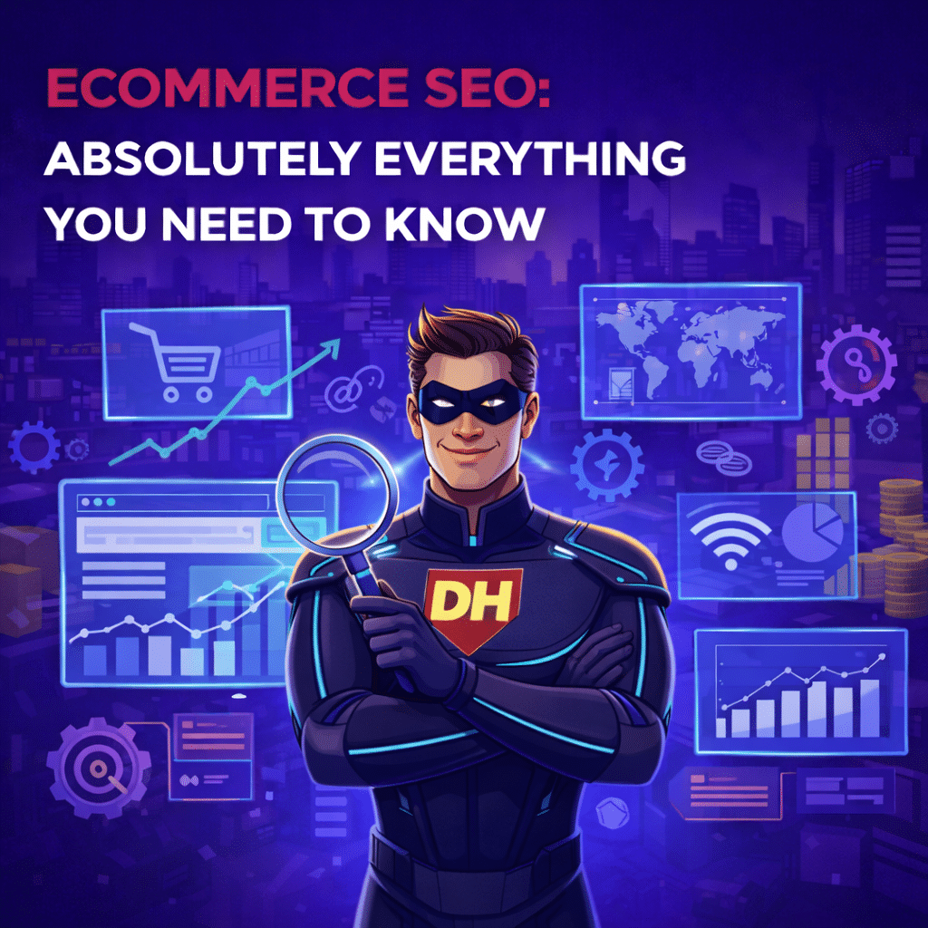a superhero with background of ecommerce seo platforms