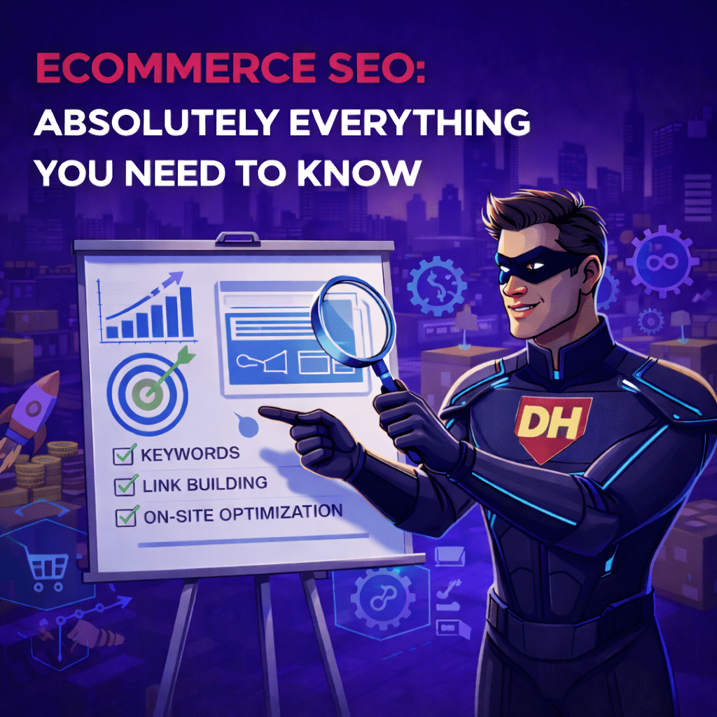 Ecommerce SEO: absolutely everything you need to know 1 superhero pointing and teaching about ecommerce seo on a board
