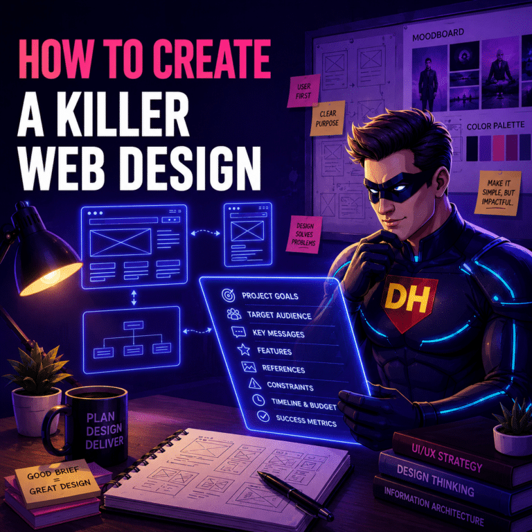 a superhero creating a killer web design to a platform