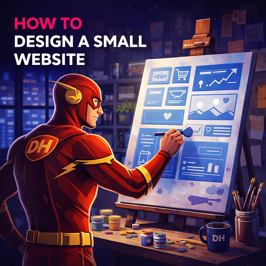 A superhero designing a small business website on a canvas