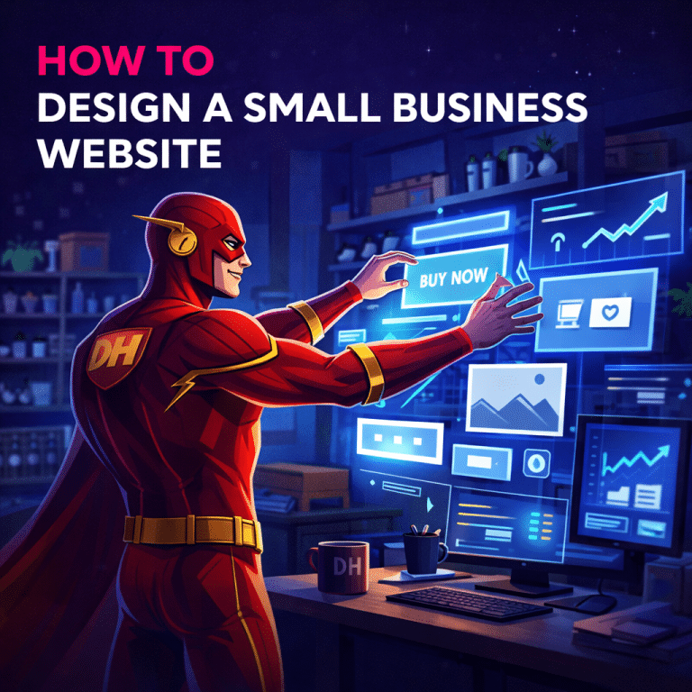 A superhero operating a small business website on a floating platform