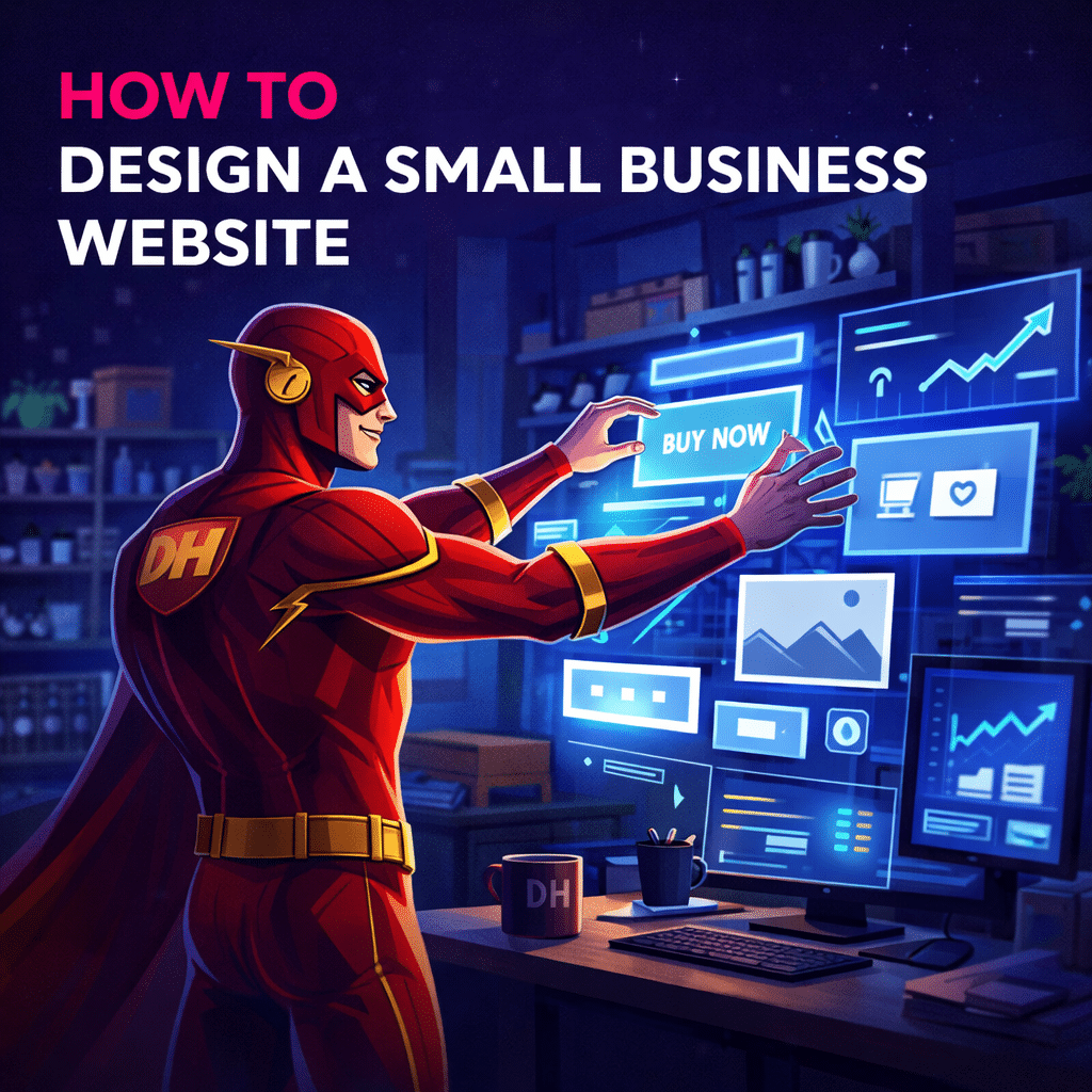 A superhero operating a small business website on a floating platform