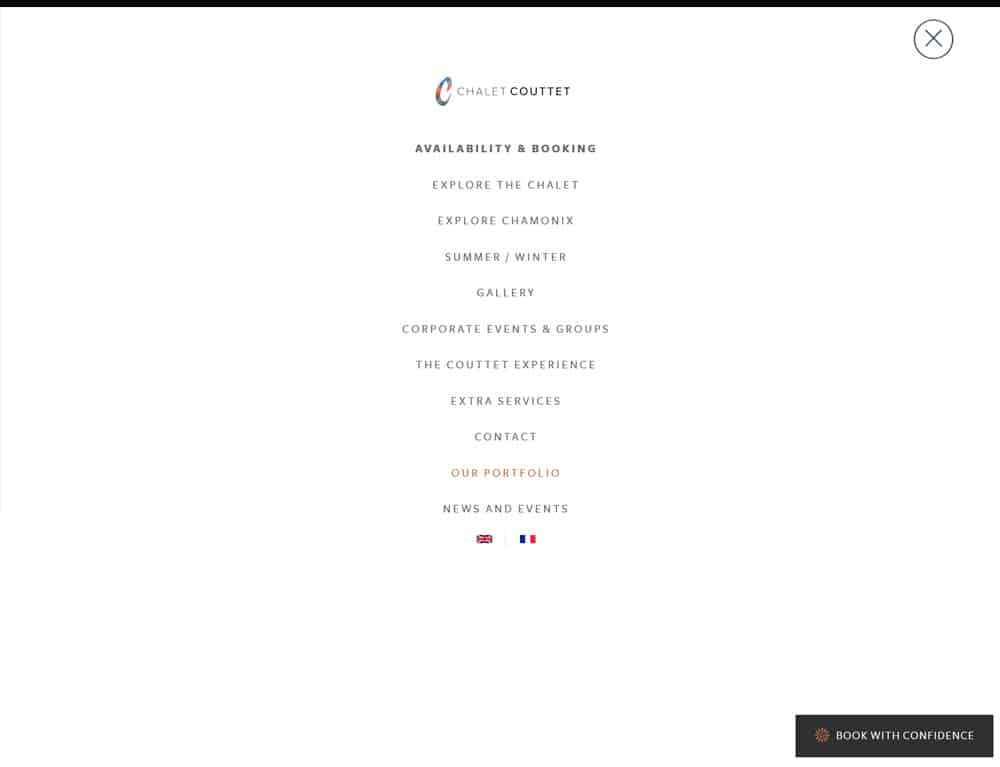 full screen popup menu for booking website