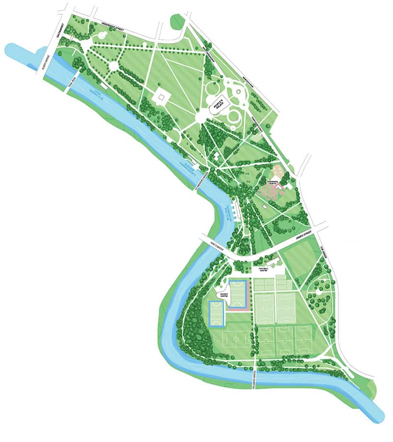 hand illustrated course map for Glasgow Green disc golf