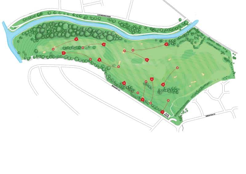 hand illustrated course map for Ruchill disc golf