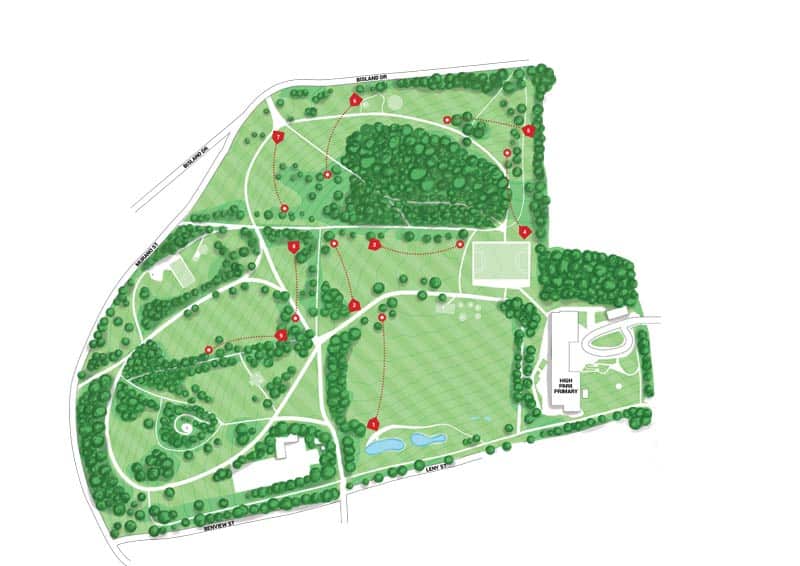 hand illustrated course map for Ruchill disc golf