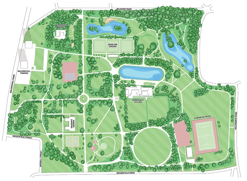 hand illustrated course map for Springburn disc golf