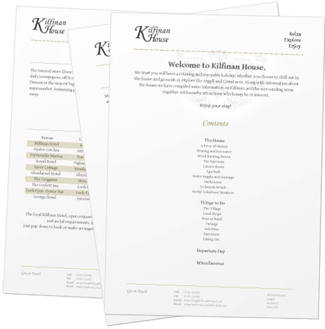 Welcome pack design for Kilfinan House