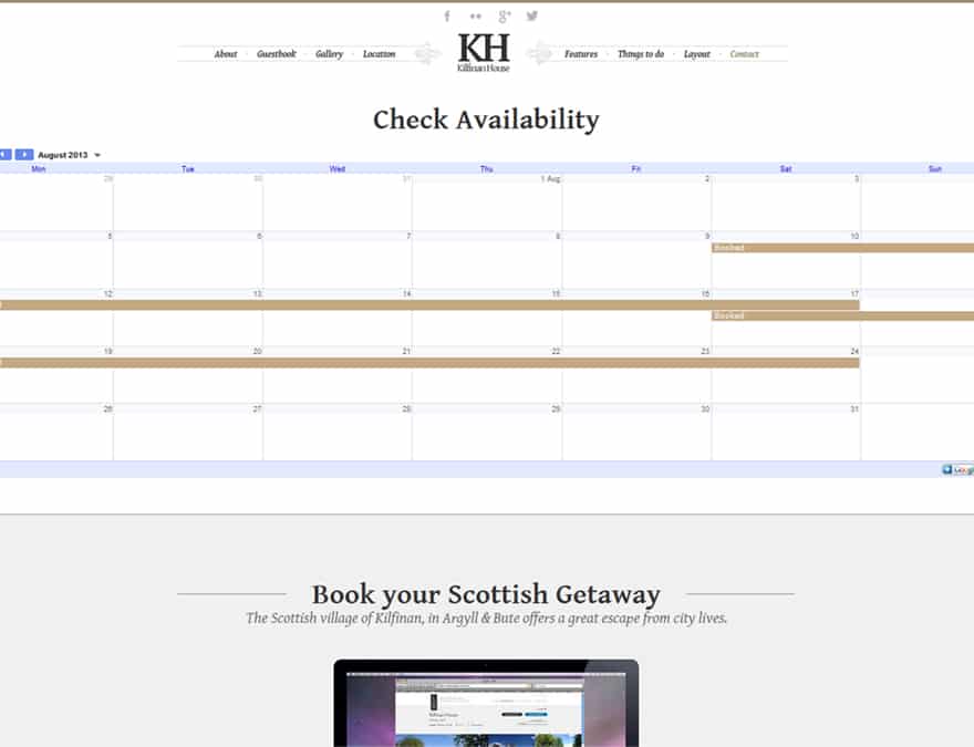 booking calendar integrationabout page for hotel website design