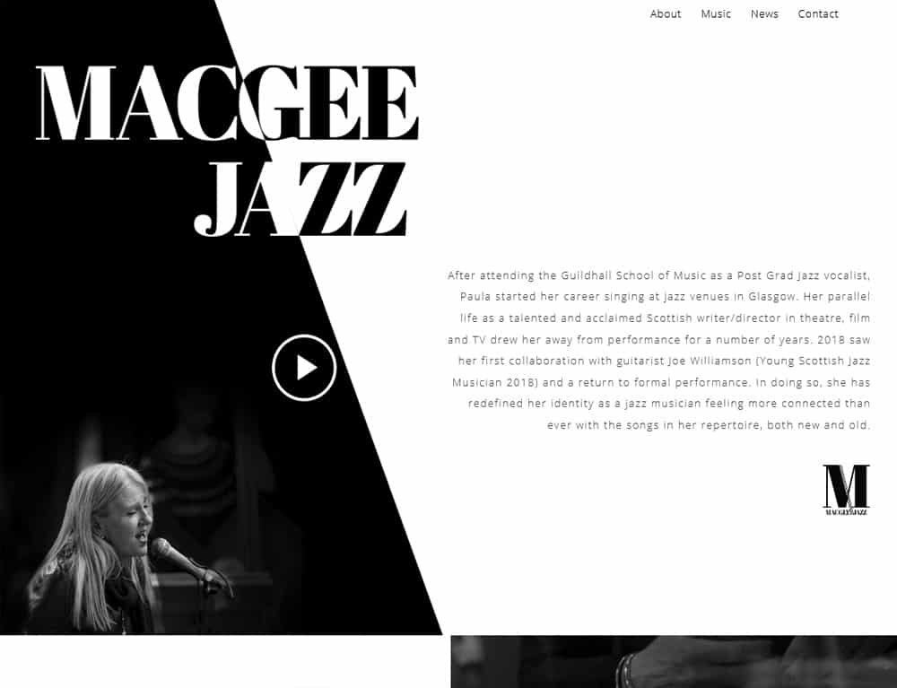 landing page design for musician profile website