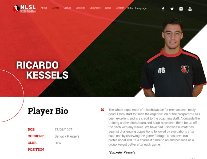 design of player profile page for sports membership website