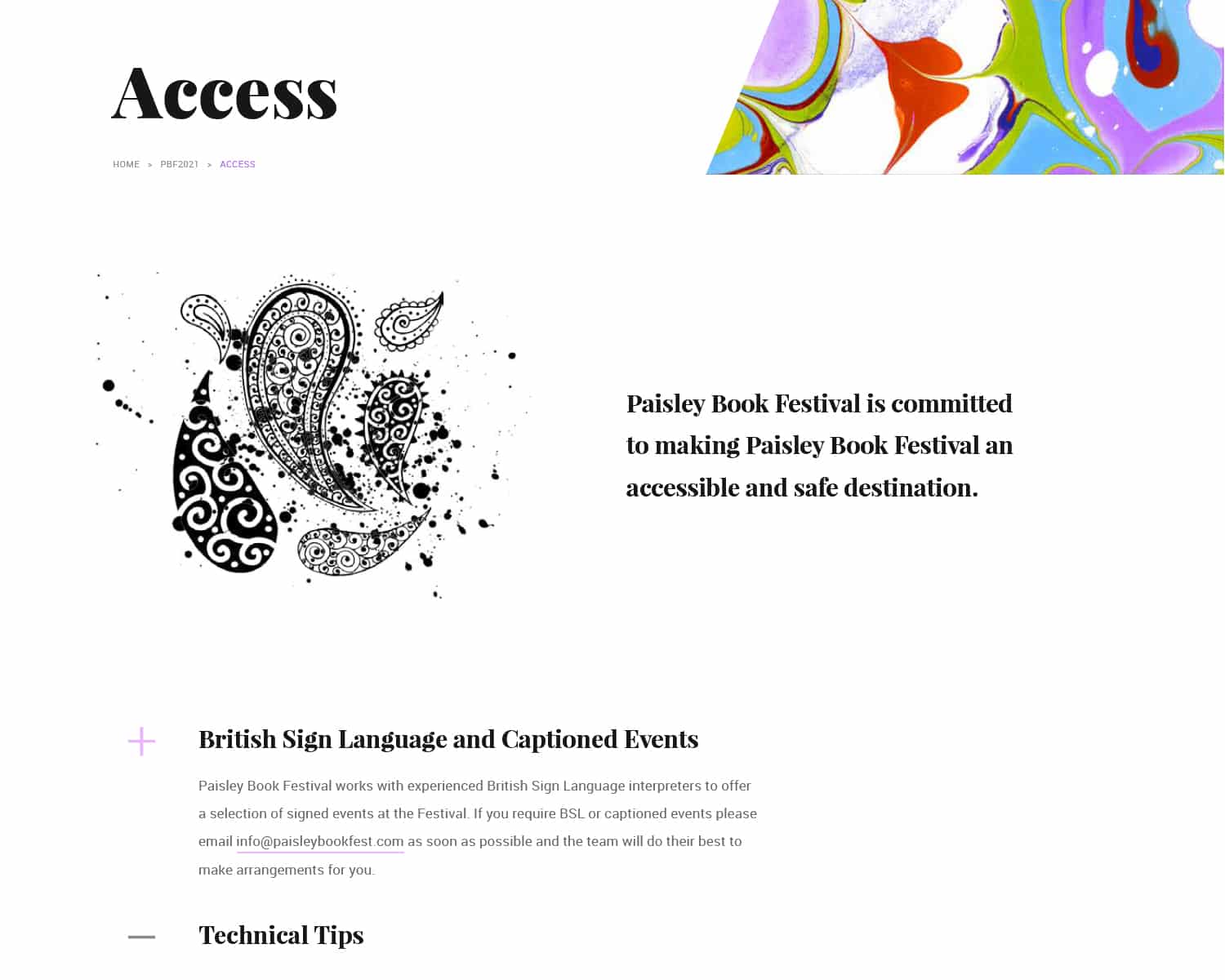 Accessibility design for Paisley Book Festival 2021 website