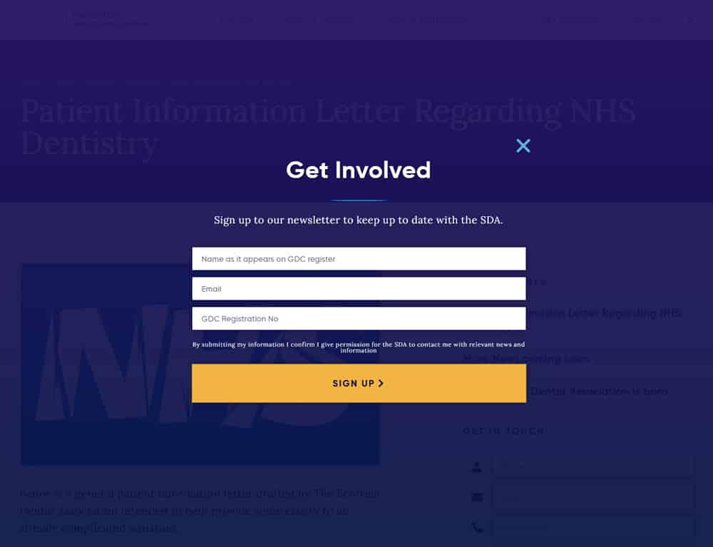 subscrive popup design for Scottish dental association website