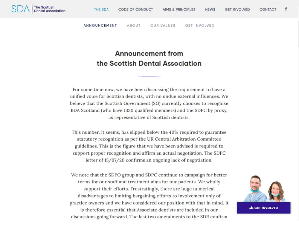 welcome page for scottish dental association website