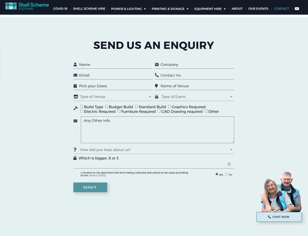 design of custom contact form for events business website