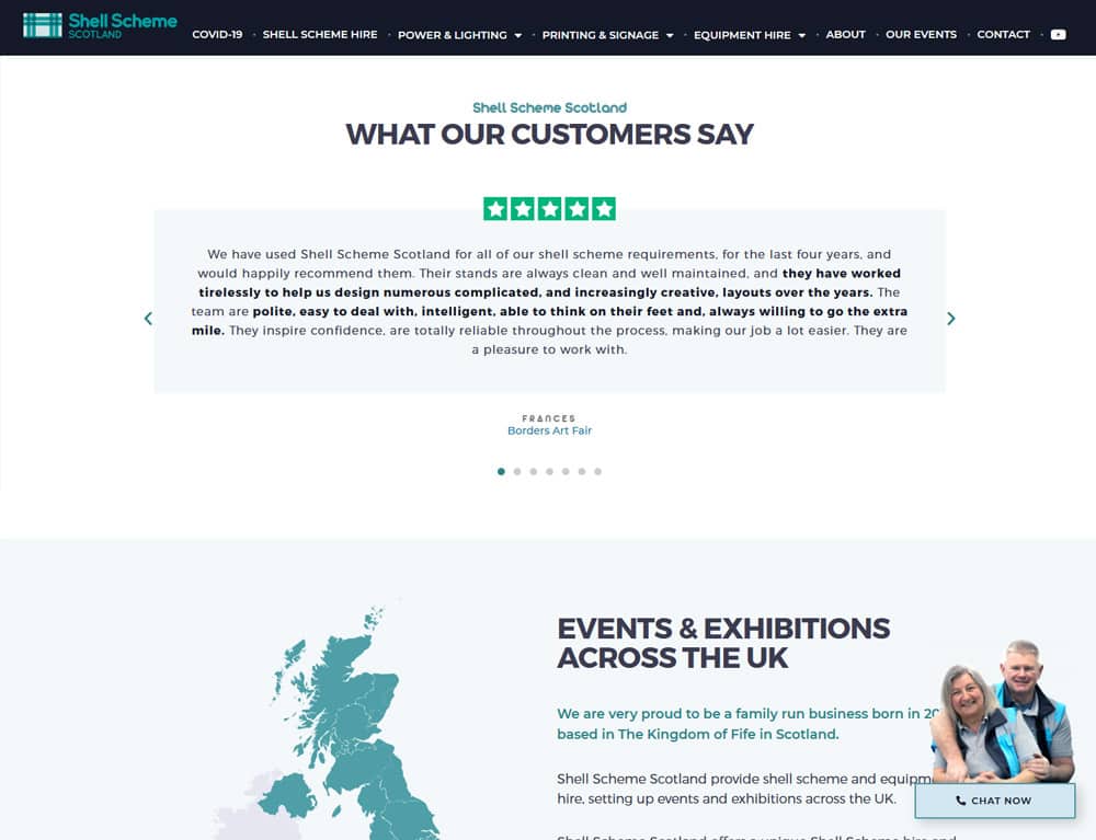 examples of testimonials on events business website design